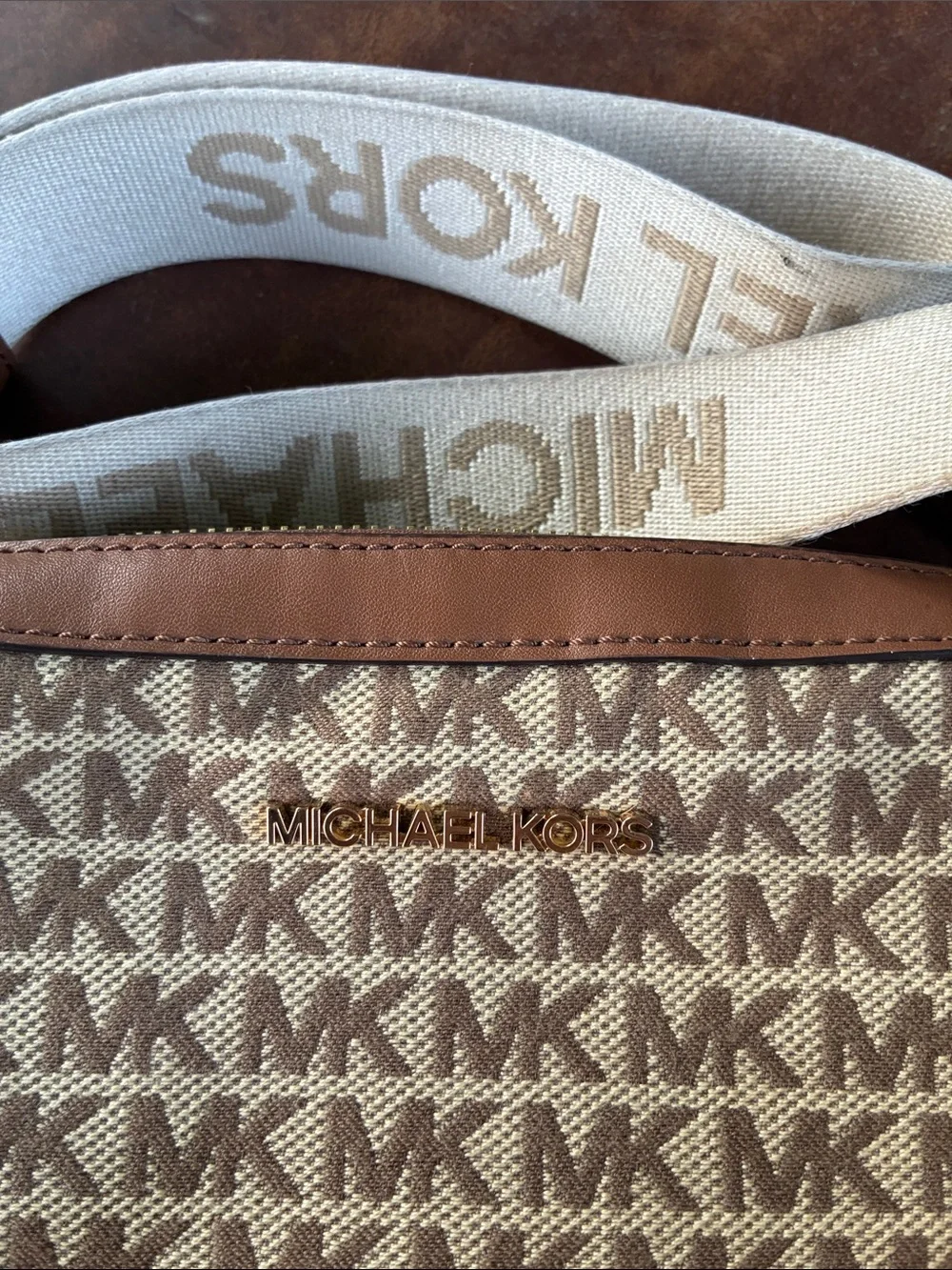 Michael Kors Beige and Brown MK Logo Crossbody with Branded Strap